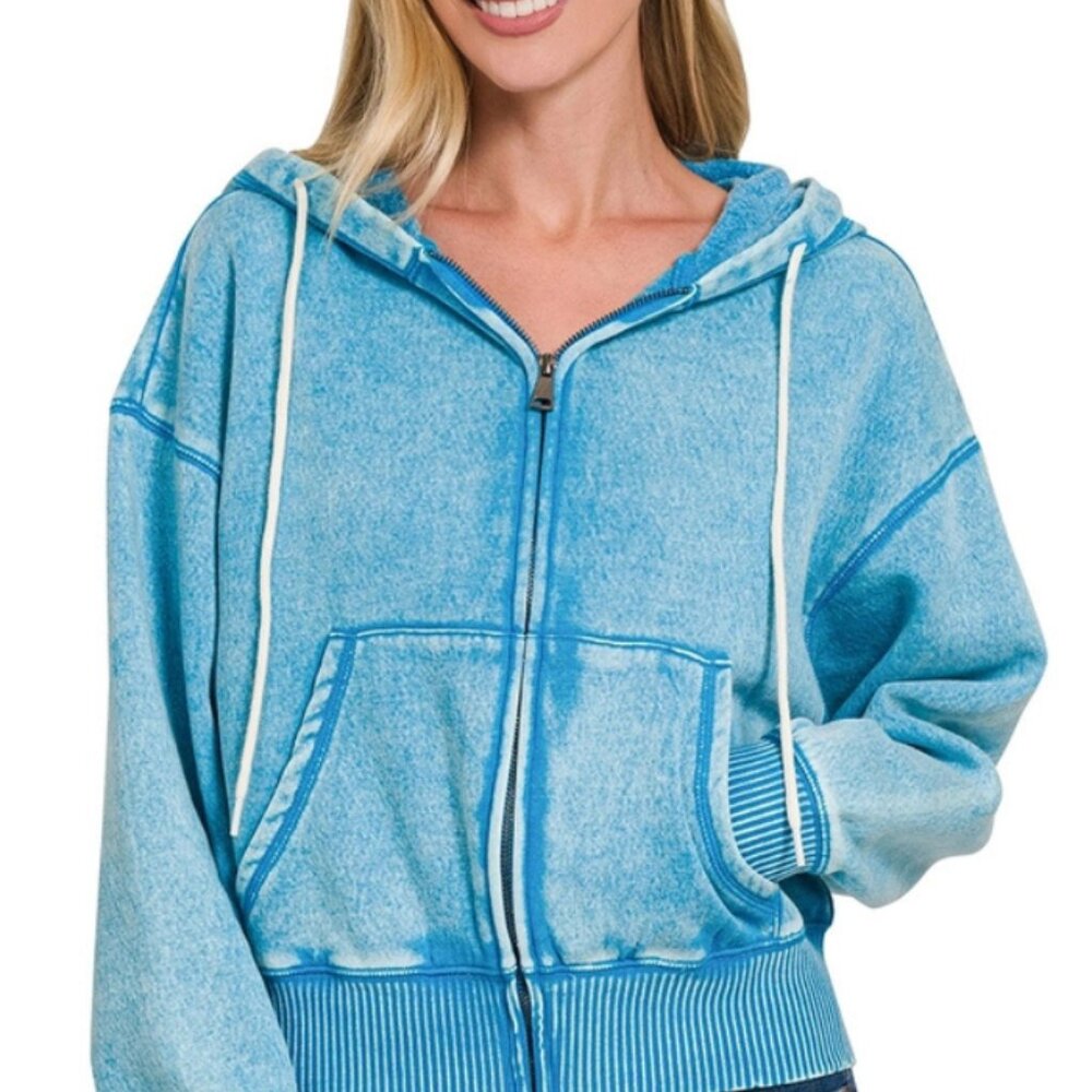 Acid wash fleece cropped zip-up hoodie w pockets "BLUE"